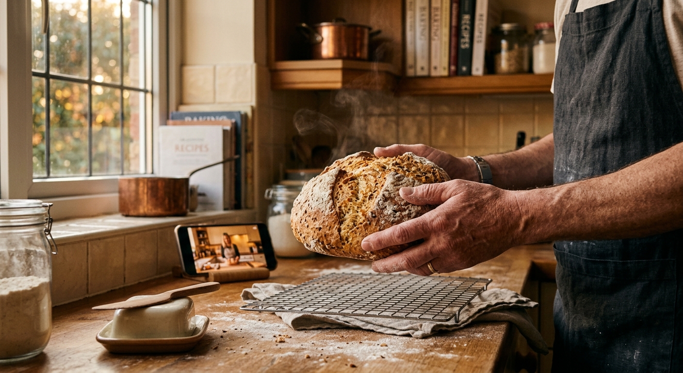A home baker working through a recipe